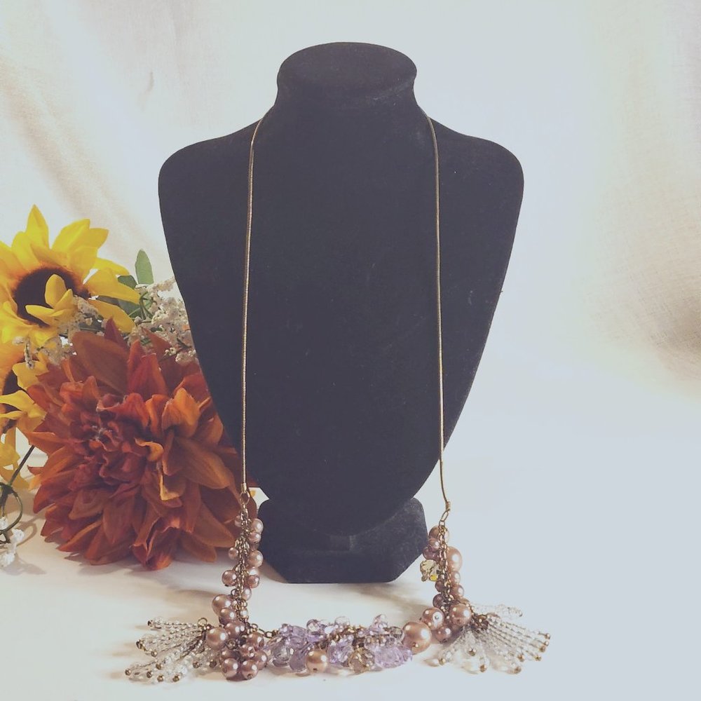 Fashion Necklace, Multi Beads  white, lilac , Tan Bronze chain, One size
